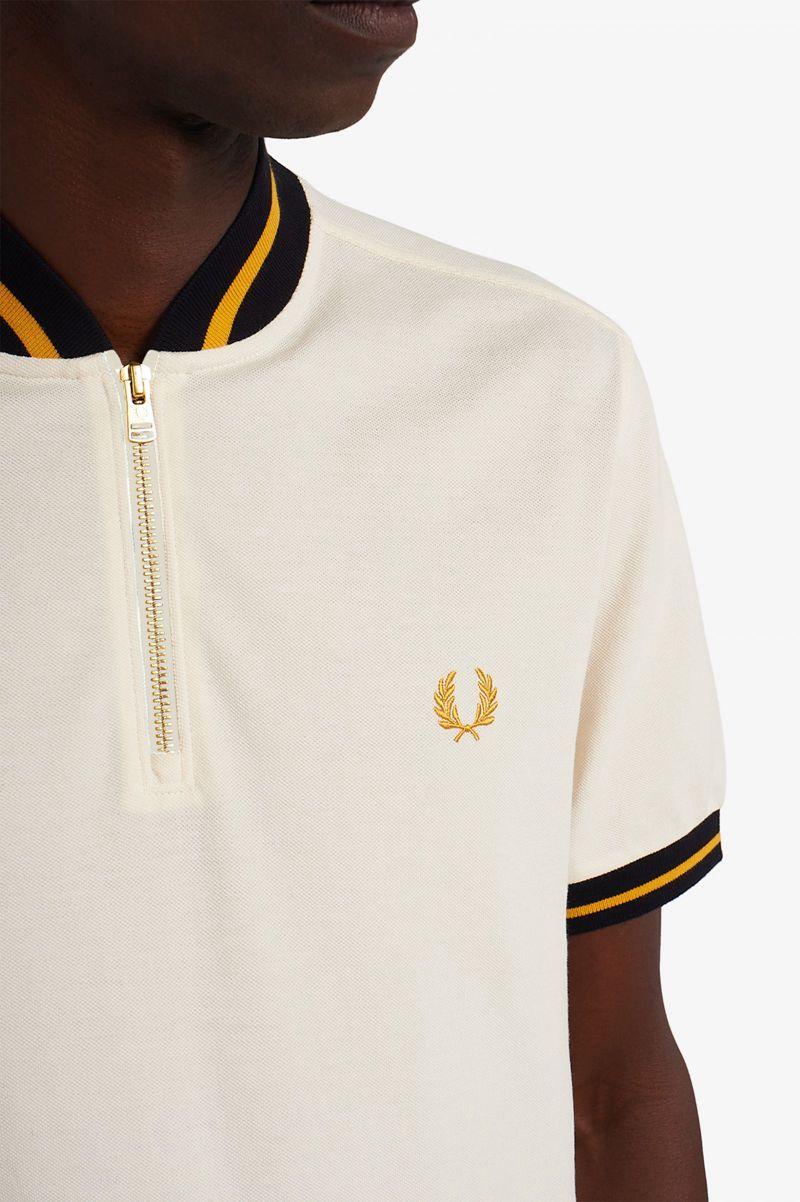 White Fred Perry Striped Bomber Neck Polo Men's Shirts | PH 1534HAPK